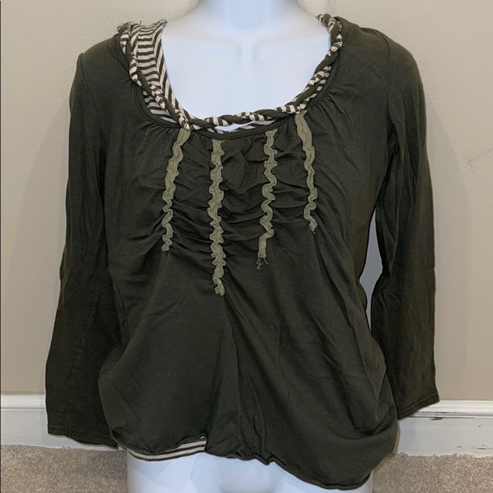 Women’s Olive Green Ruffle-Front Long Sleeve Blouse